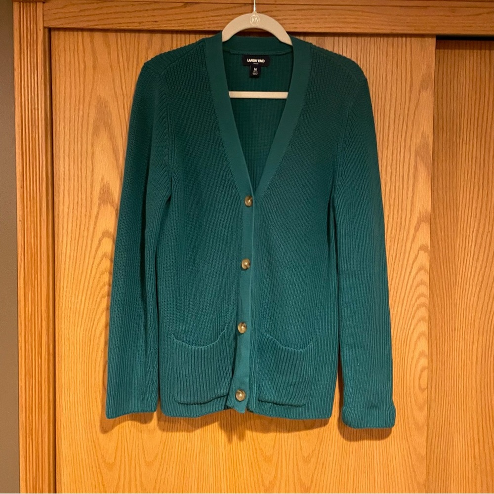 Land’s End 100% Cotton Cardigan Sweater with buttons in Teal, Sz M